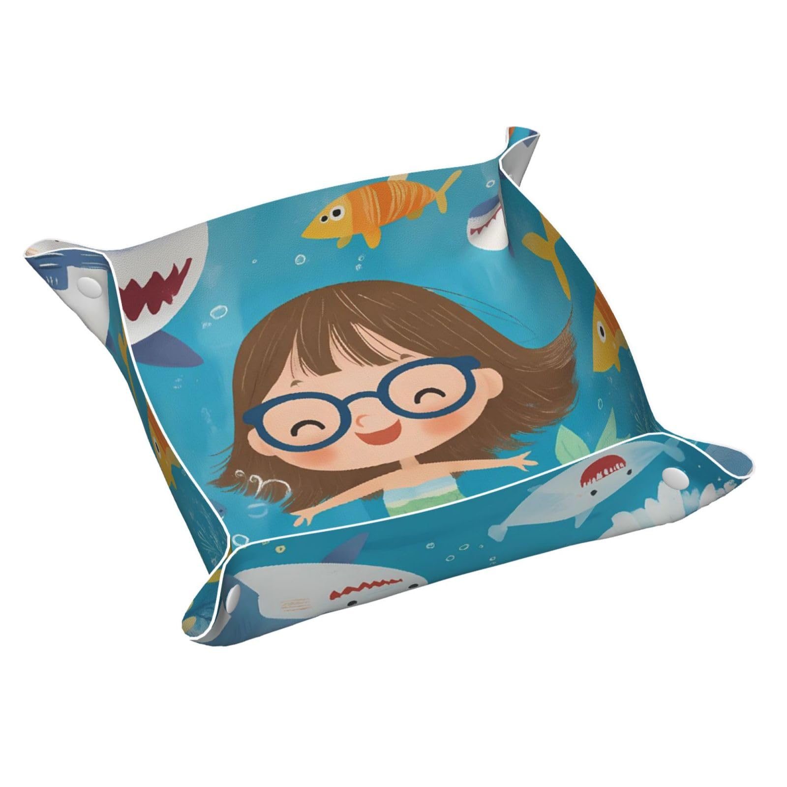HLBSDM Cartoon Mermaid & Shark Tray Men's Leather Valet Parking Portable Entrance Trays Bedside Storage Box