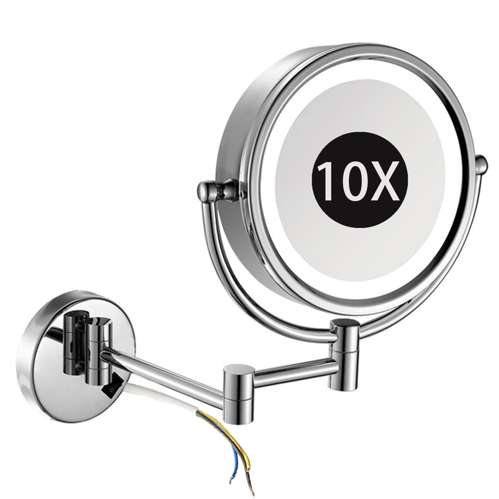 Zayeksole 8.5" Wall Mounted Bathroom Shaving Vanity Mirror with Lights, 2-Sided Magnifying Cosmetic Mirror, 360° Swivel Foldable LED Chrome Makeup Mirror,10x,Hardwired