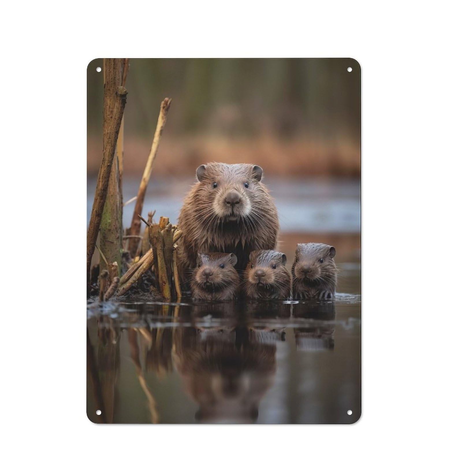 Beaver With Kits Photo Classic Metal Wall Decor 40x30cm, Office Metal Sign for Workspace, Cafe, Shop Or Desk Area