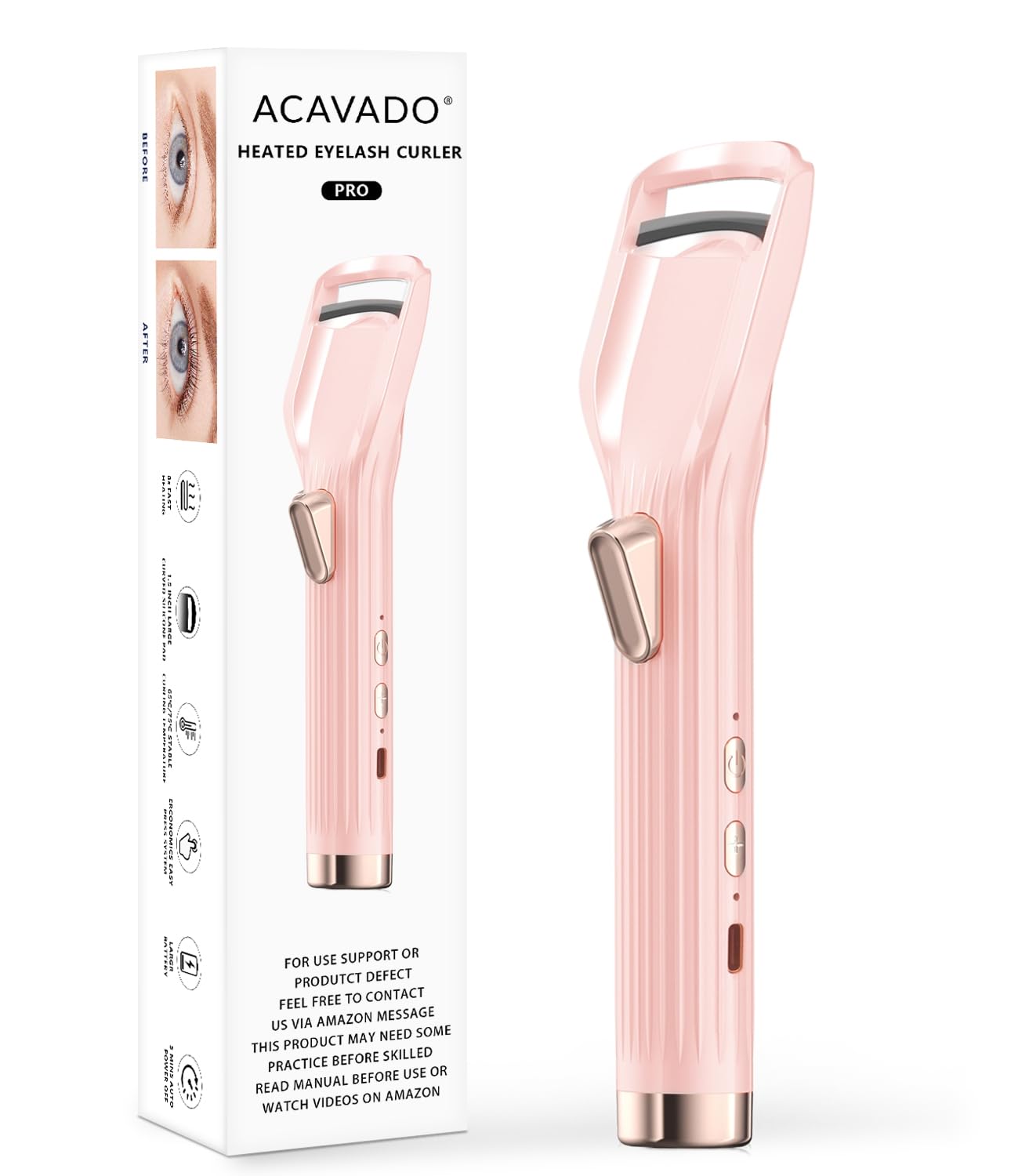 Rizador de pestañas con calefacción Premium PRO – Calentamiento rápido en 8 segundos – 24 horas de larga duración – Rizador de pestañas eléctrico recargable con tipo C, innovadora silicona L, 2 modos