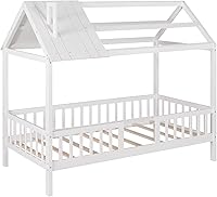 Vista 8 de MERITLINE Cama individual para niños, marco de cama de plataforma de madera con valla, camas Montessori con soporte de listones de madera, marco