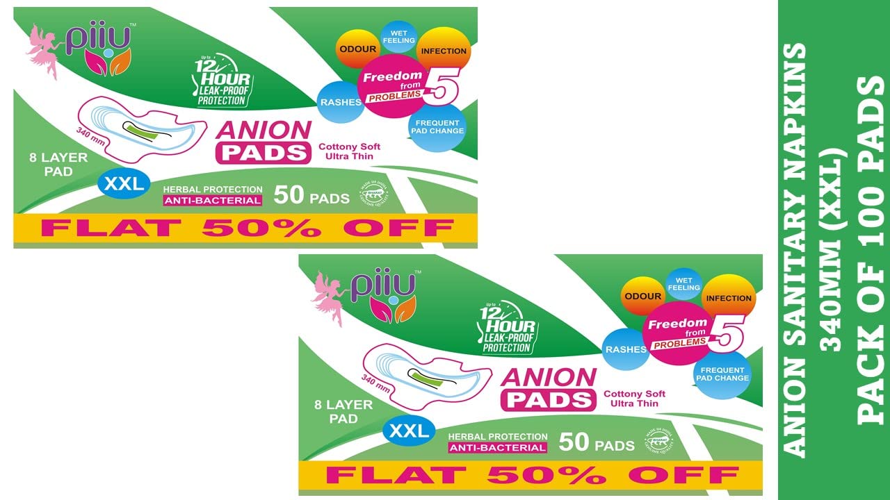 Piiu Cottony Soft Rash Free Ultra Thin Anion Sanitary Pads XXL (340mm) | Dermatologically tested |99.99% germ protection, 50 Pads (Pack of 2)