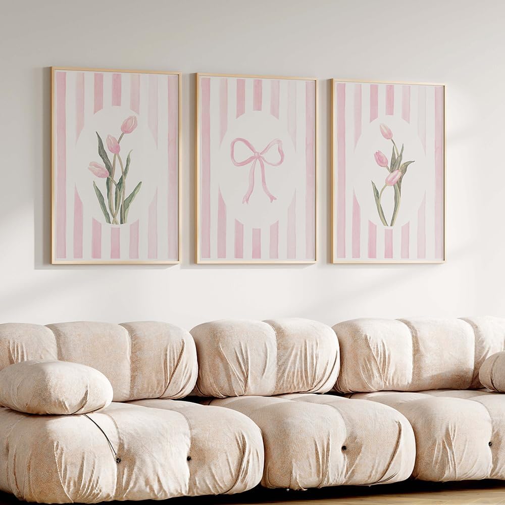 Kailitry Trendy Pink Bows Poster Wall Art Set of 3 Striped Floral Prints Tulips Watercolors Preppy Room Decor Bedroom Wall Decor 12x18inchx3pcs unframed