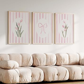 Kailitry Trendy Pink Bows Poster Wall Art Set of 3 Striped Floral Prints Tulips Watercolors for Preppy Room Decor Bedroom Living Room Wall Decor 12x18inchx3pcs unframed
