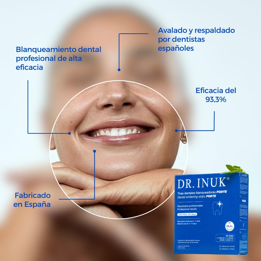 Tiras blanqueadoras de dientes PROFESIONALES FORTE - 28 tiras sin peróxido o ácidos para 14 sesiones de blanqueamiento dental - Fabricado en España - Fórmula eficaz 83.3% PAP - Incluye guía de tonos