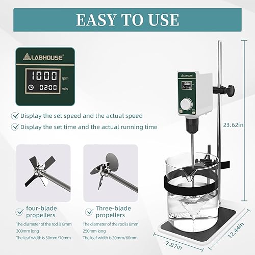 Miniatura 3 de Agitador digital OS-15S de 20L (HO) de laboratorio de base plana de acero inoxidable y 2 paletas de agitación y soporte para vaso de precipitados