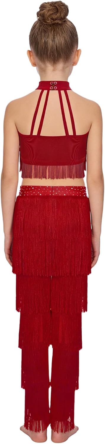 Kids Girls 2 Piece Latin Ballroom Dance Outfit Halter Tassel Top and Fringe Pants Modern Salsa Dancewear Burgundy 10 Years