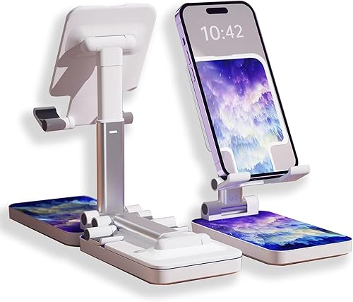 Soporte plegable para teléfono celular, soporte para teléfono celular ajustable en altura en ángulo con almohadilla de silicona, se pliega casi
