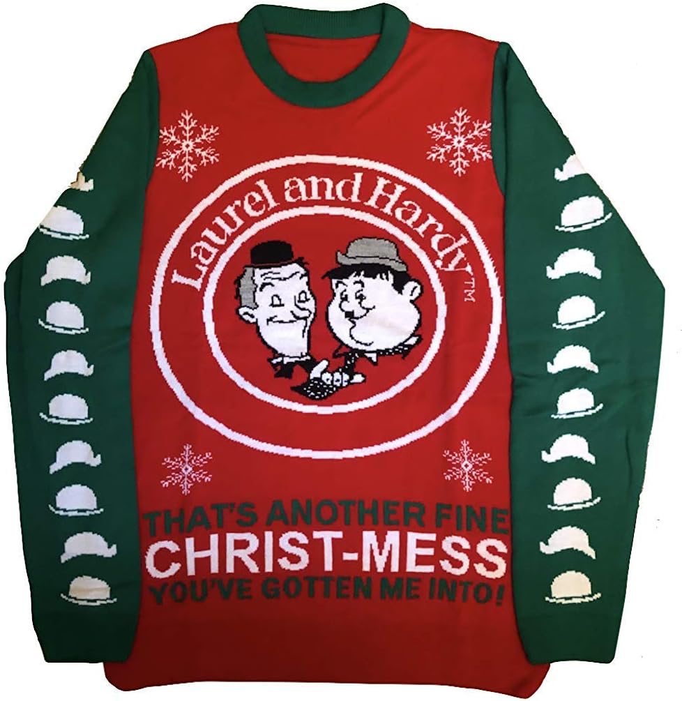 Laurel and Hardy (Stan & Ollie) - That's Another Fine Christ-Mess Portrait (Christmas) - Official Mens Sweater (Jumper) (S) Red