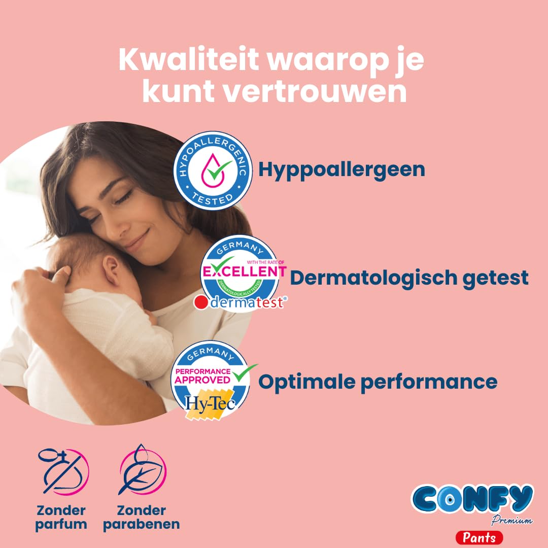 Confy Premium pieluchy rozmiar 5 (12 kg - 17 kg), pojemnik na miesiące, 120 sztuk, testowane dermatologicznie, elastyczne dopasowanie, wskaźnik oddawania moczu, CareShield