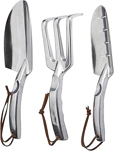 Juego de herramientas de mano de jardín de 3 piezas, 100% aluminio fundido pulido, nunca se oxida ni se rompe, hermoso e indestructible.