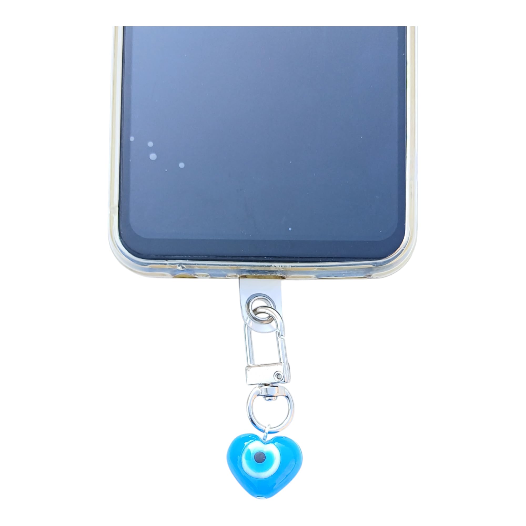Phone Charm Accessory, Evil Eye Heart Pendant, Blue Glass, Clear Phone Case Compatible-image-17