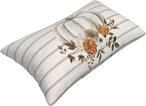 Miniatura 6 de Juego de 2 fundas de almohada de otoño de 12 x 20 pulgadas, fundas de almohada de calabaza en acuarela, rayas grises, flores de otoño para