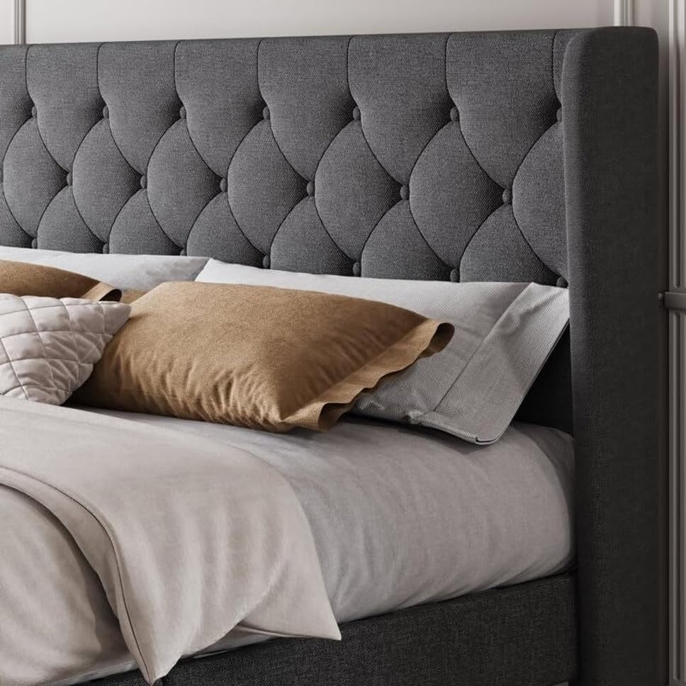 Image of Wooden Modern Upholstered King Size Bed for Bedroom | Wooden Double Bed Without Storage | Platform Cot Upholstered Bed with Upholstery Fabric | Engineered Wood | 6.5 x 6 Ft | Grey Kaizen