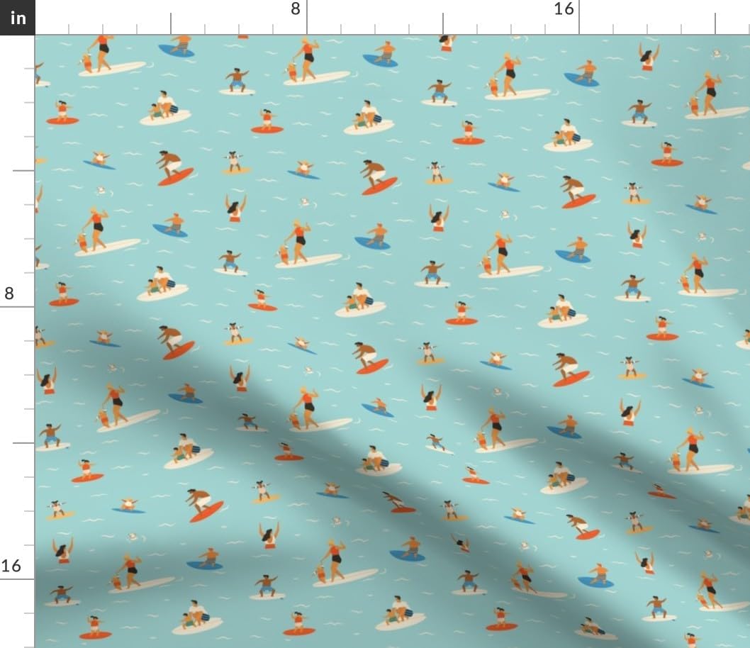 Spoonflower Fabric - Tropical Ocean Surfing Summer Sports Kids Family Surf Waves Beach Printed on Petal Cotton Fabric Fat Quarter - Sewing Quilting Apparel Crafts Decor