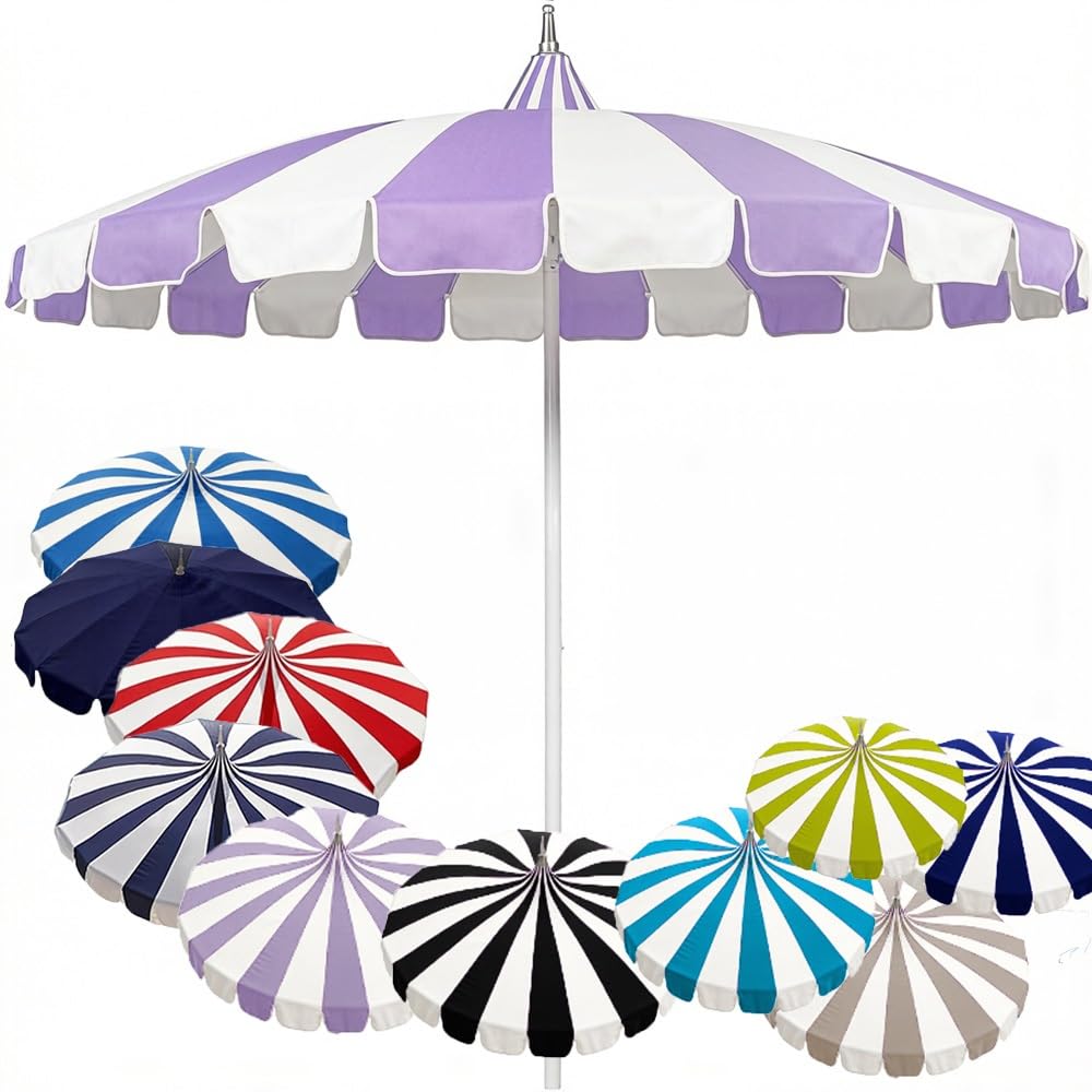 LARAKVEAKV Stripes Patio Pagoda Umbrella, 8ft Pool Umbrellas Market Table Umbrella, Outdoor Umbrellas For Deck Patio, 16 Fiberglass Ribs(Purple and white)