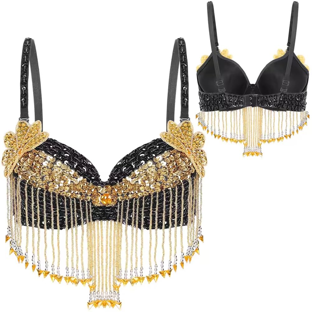 AHQCBWG Sparkle Bra Glitter Belly Dance Crop Top Costume Club Outfits for Women Sexy Clubwear Rave Bra(Black)