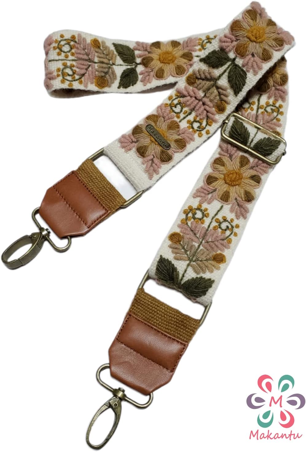 Embroidered bag strap, camera strap, adjustable bag, shoulder bag, peruvian handmade, ivory belt, beige flower, ethnic, boho, gift for her