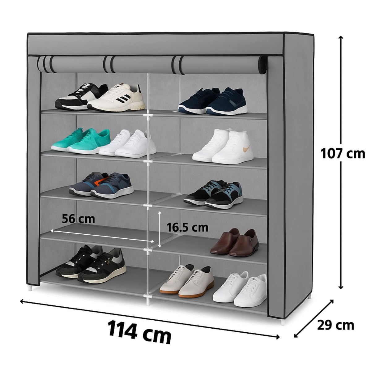 ZOLTA Textilschuhschrank 6 Ebenen 12 Fächer grau 107×114×29 cm mit Rolltüren Reißverschluss Schuhregal Stoffschrank Metallrahmen platzsparend leicht Staubschutz für Flur Schlafzimmer Keller
