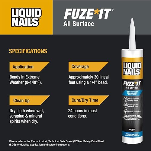 Miniatura 7 de Liquid Nails LN-2000, Fuze It All, 9onzas de adhesivo para construcción de superficies, color gris, Gris, 1