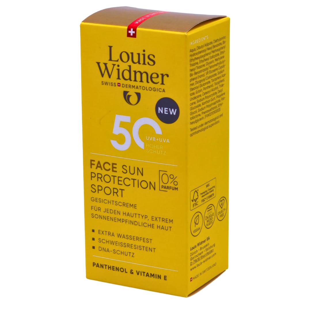 Louis Widmer Face Sun Protection Sport 50, 2x 50 ml I leichte, feuchtigkeitsspendende Gesichtsemulsion I extra wasserfest I schweissresistent I hoher UV-Schutz I Spar-Set plus Pharma-Perle give-away