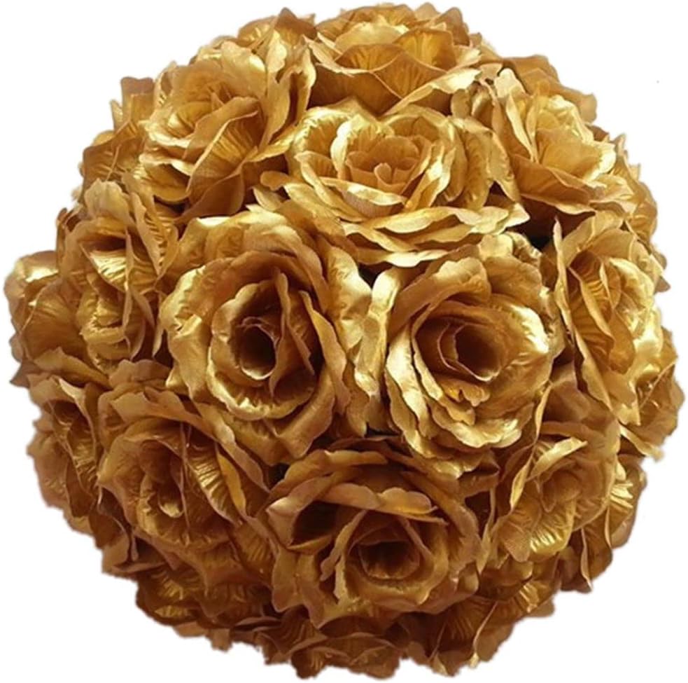 5.5" Silk Rose Artificial Flowers Kissing Ball for Centerpieces Hanging Wedding Bouquets Decor, 5 Pack, Gold