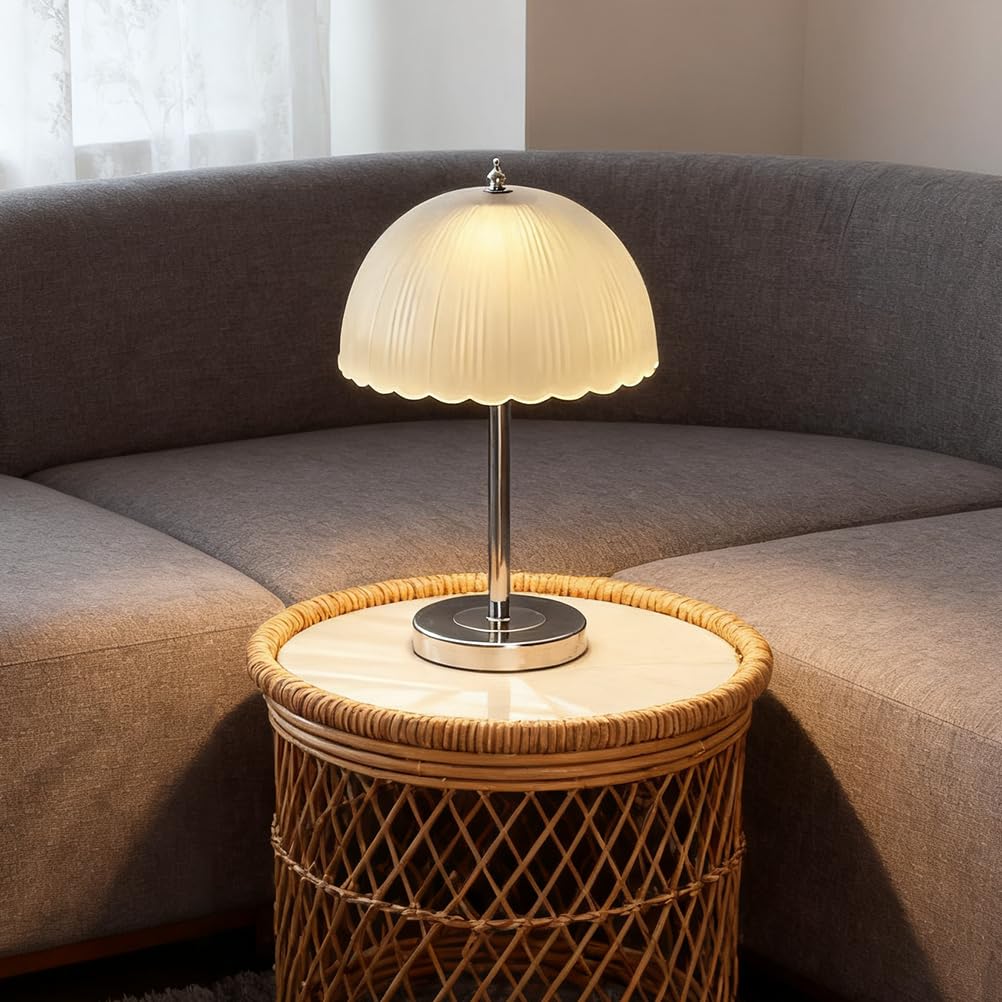 Moderne E27 Pilz Tischleuchte Tischlampe Glas Lampenschirm | mit Kabel Minimalistische Deko Nachttischlampe Metall Kleine Lampe für Schlafzimmer Bett Wohnzimmer mit Leuchtmittel