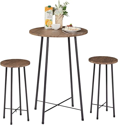 VECELO Mesa de bar y sillas pequeñas, juegos redondos de bistró con 2 taburetes, muebles de comedor de 3 piezas, altura de mostrador de madera para