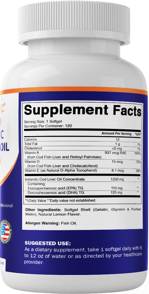 Vitamatic Icelandic Cod Liver Oil 1250 mg, Lemon, 120 Softgels, Made in USA — Amazon image 8