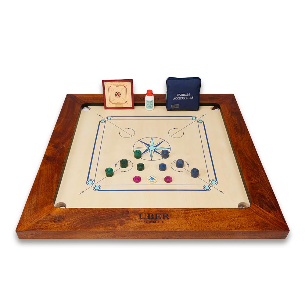 Uber GamesTournament Carrom Board Set -Limited Edition – 37 x 37 inch Official Size Tournament quality board Including Carrom Men - Hardwood edges for fantastic rebound - For competitive players