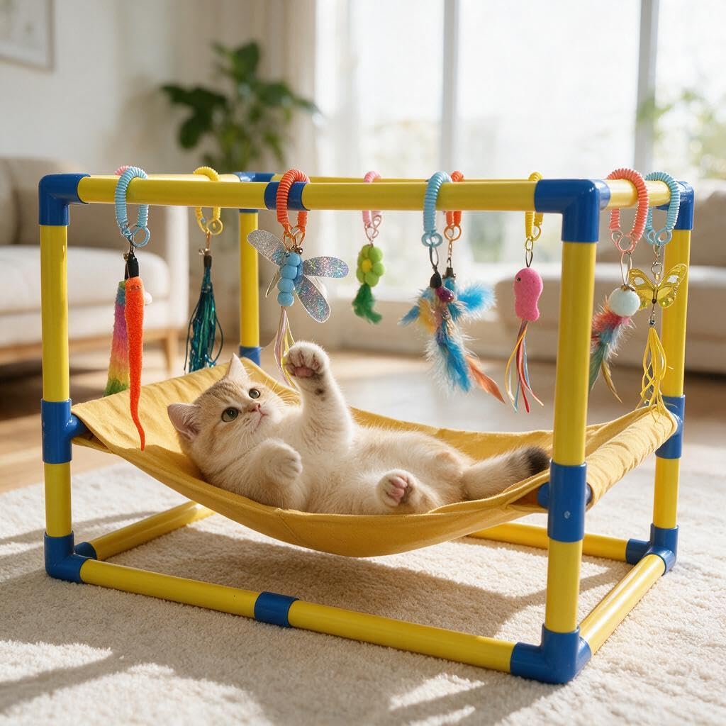 Indoor Cat Activity Centre with 10 Hanging Toys and Hammock, 60x40x43cm