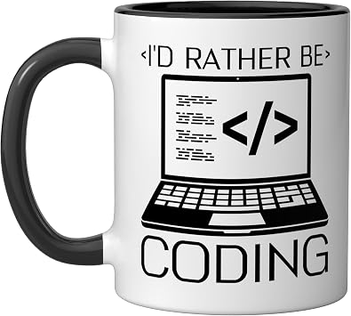 Programmer Coder I'd Rather Be Coding Ceramic Mug, Black/White, 11oz