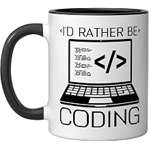Programmer Coder I'd Rather Be Coding Ceramic Mug, Black/White, 11oz