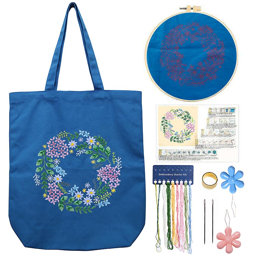 CREAWONDER Hand Embroidery Kits for Bag, Embroidery Kit Bag with Pattern for Beginners, Arts and DIY Embroidery Crafts Kits for Adults, Include Instructions, Embroidery Hoops, Color Threads and Tool