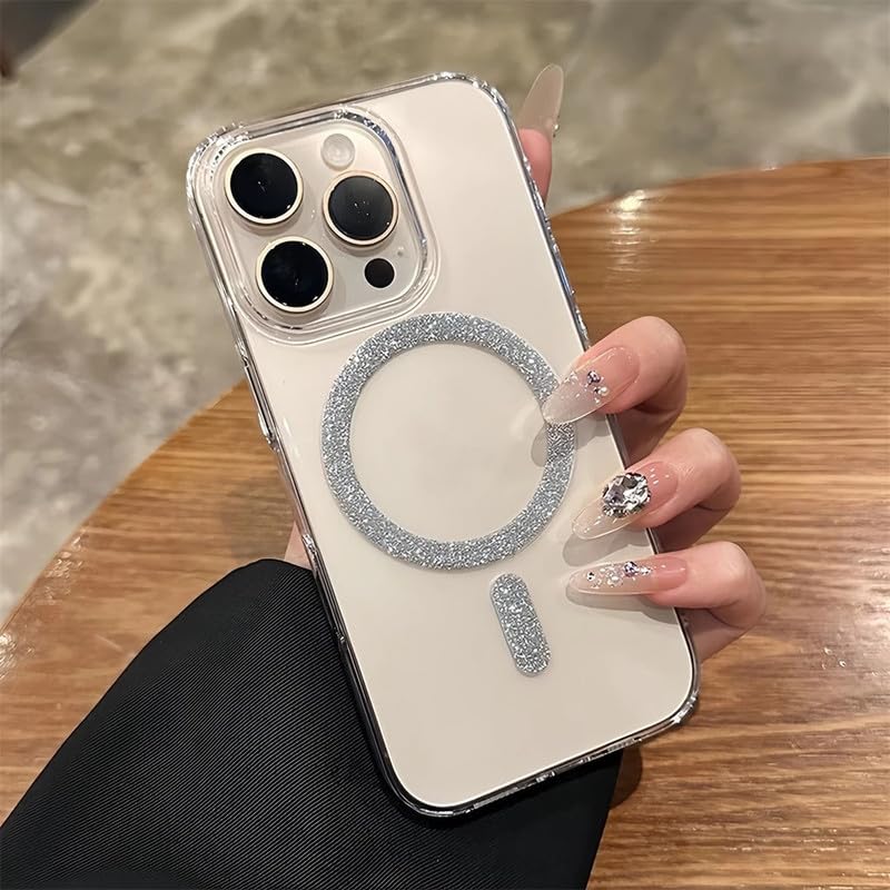 Image of COVERLY Ultra Thin Slim Sleek Hard Transparent Shinny Glitter Magnetic Ring Mag-Safe Case for iPhone 15 Pro Max Shockproof Case PC Clear Bling Spakly Cover