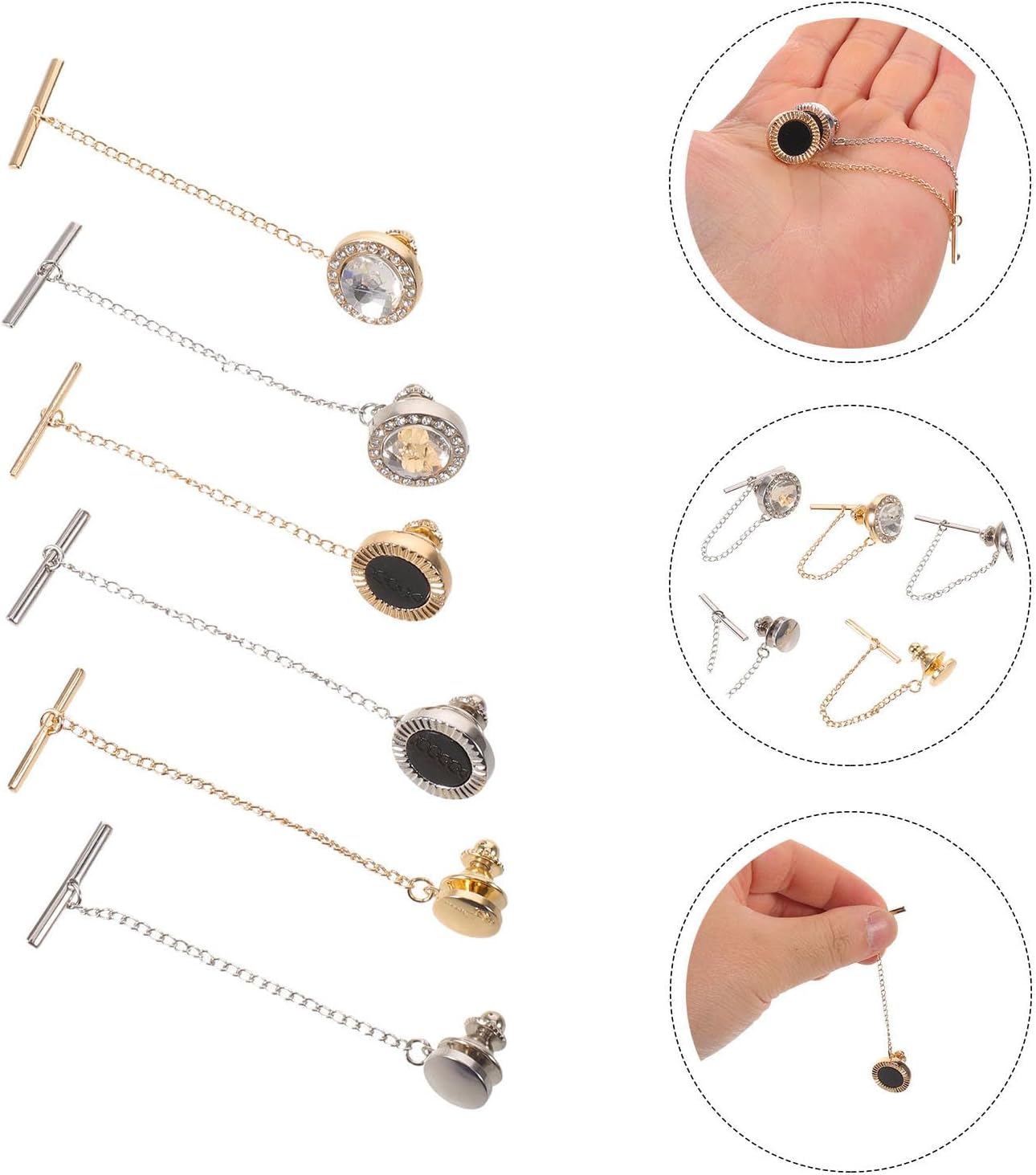 Unomor 6pcs Men Tie Pins with Chain Copper round Tie Tack Clips Elegant and Sophisticated Suit Accessories to Prevent Unwanted Movement for Semiformal Attire and Offices