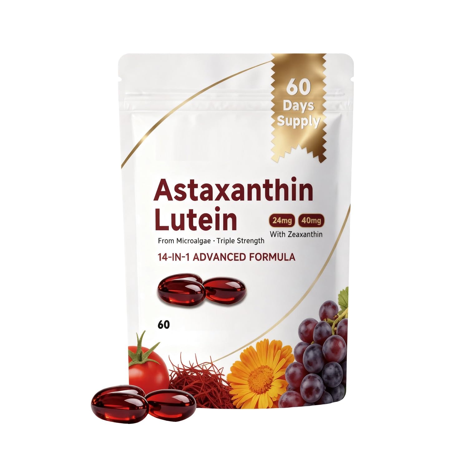 Astaxanthine 24 mg et lutéine 40 mg, soutient les yeux, la peau et les articulations, pour hommes et femmes, 60 unités,1pcs