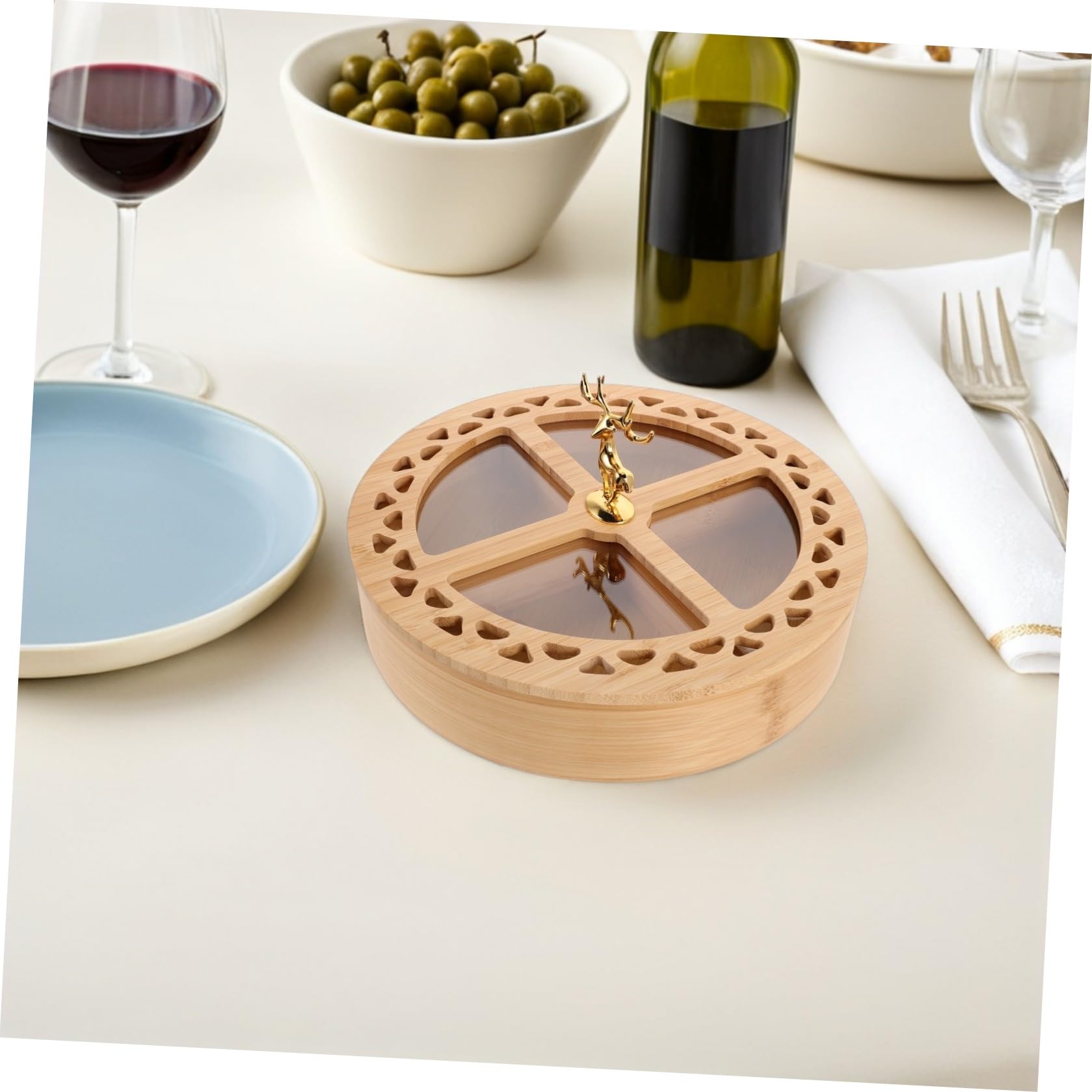 Vassoio Porta Snack in bambù con 4 Scomparti e Coperchio, Elegante Contenitore per Noci e Dolcetti, per Riunioni di Famiglia e Organizzazione Facile
