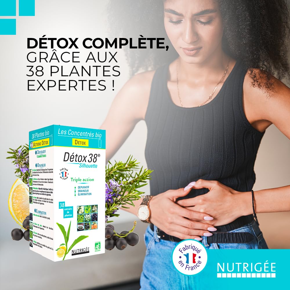 NUTRIGÉE - Détox 38 - Boisson Concentrée Bio - Triple Action - Drainage, Élimination et Purification – 30 Plantes Bio – Anti-Rétention d’Eau et Anti-Cellulite – Complément Liquide Naturel – 300 ml