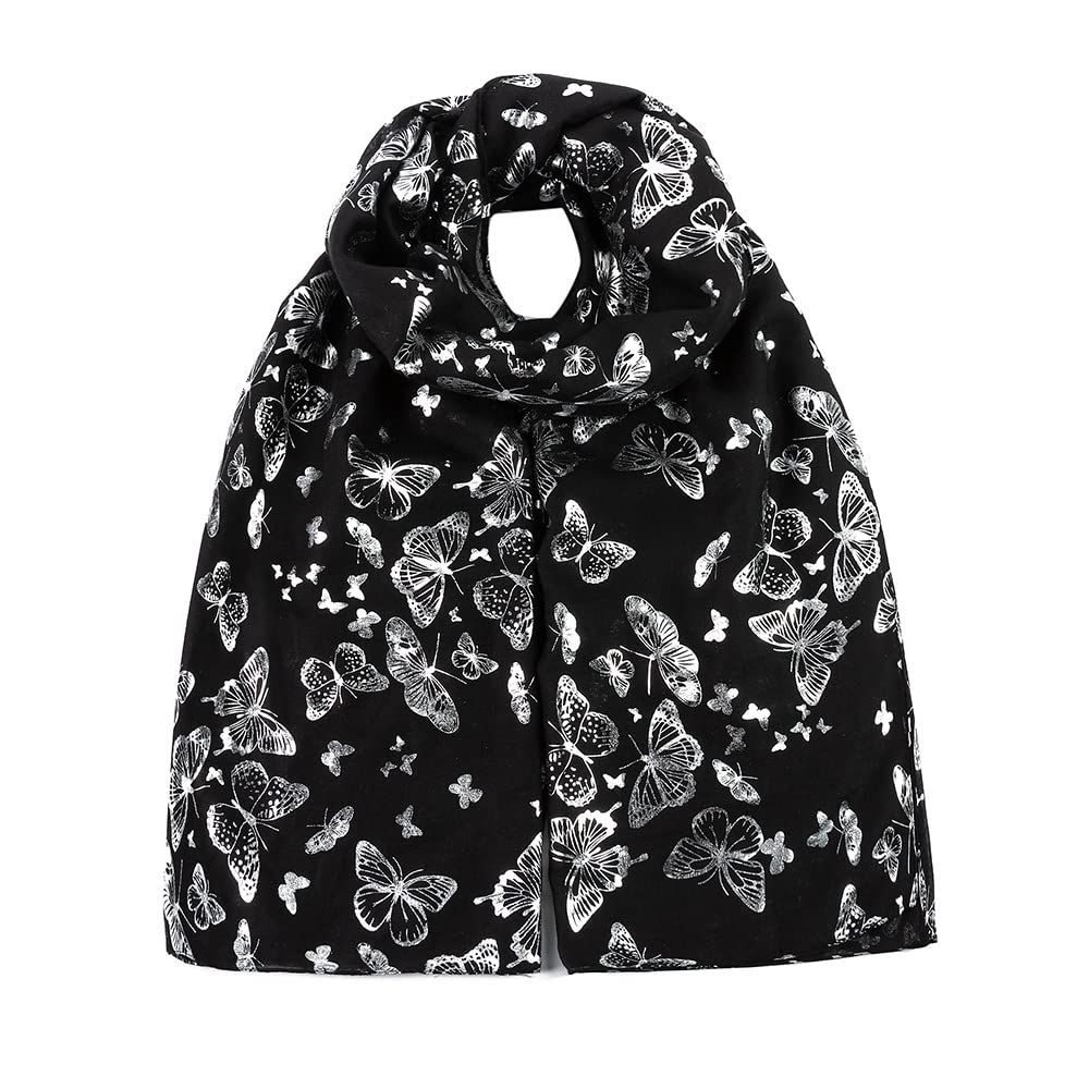 London Scarfs New Ladies Women's Glitter Foiled Flamingo,Swallow Birds & Butterfly Print Scarfs (Black With Silver Foil Butterfly)