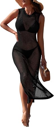 Pink Queen Women Swimsuit Cover Up Hollow Out Sleeveless Beach Maxi Dress Side Split Knit Bathing Suit Cover Up for Women