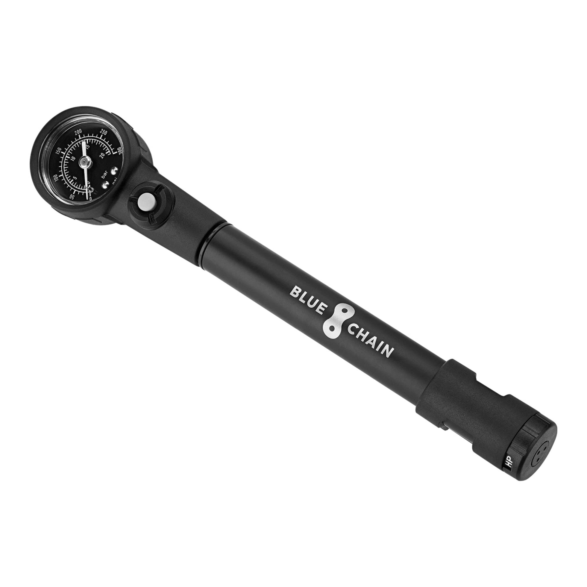 BLUECHAIN® High Volume & High Pressure Dämpferpumpe 20 bar (300 psi) / Handliche Fahrradpumpe mit Manometer/Fahrrad Luftpumpe klein für Federgabeln, Dämpfer & Reifen