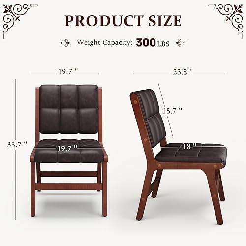 Miniatura 2 de Furniliving Juego de 2 sillas de comedor de madera de roble, sillas de cocina tapizadas de cuero moderno de mediados de siglo, sillas de comedor de