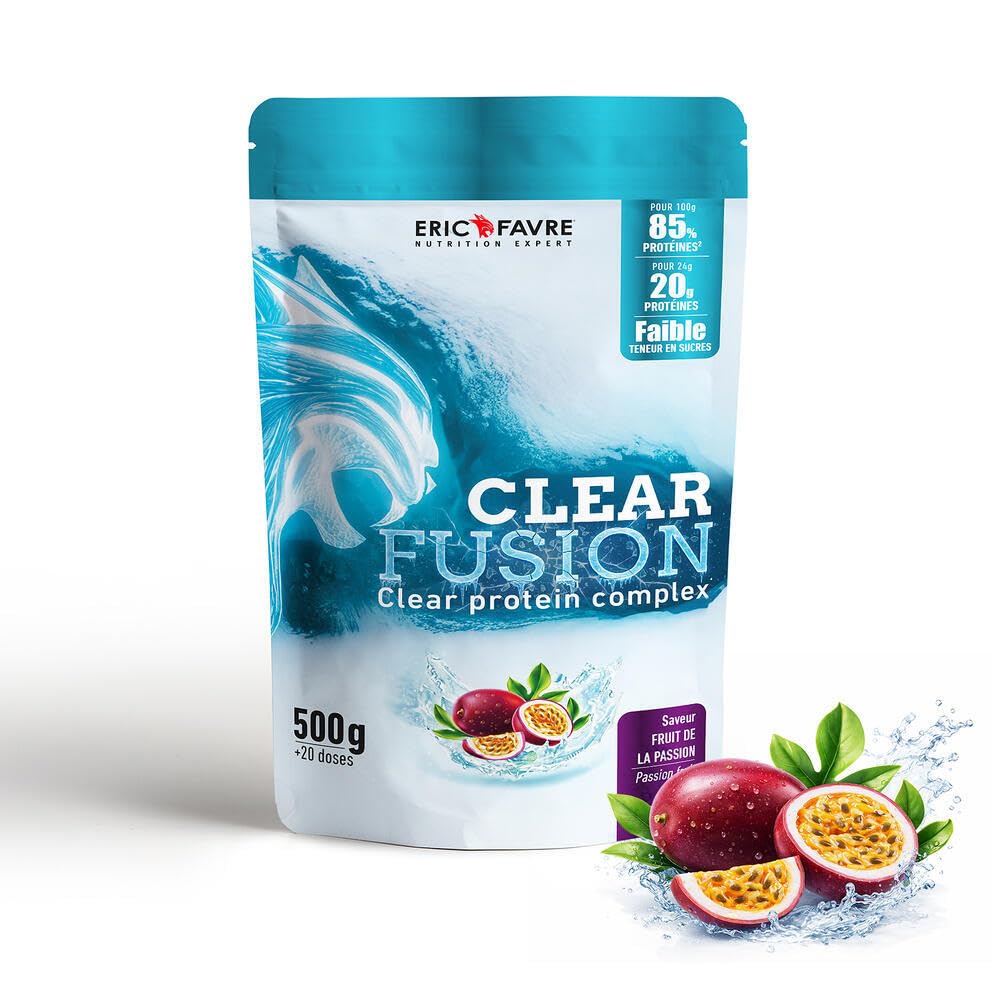CLEAR FUSION - Protéine Clear Whey 84% - Collagène & Acide Hyaluronique - Faible en Sucres Sans Matières Grasses - 500g - Boisson Protéinée Légère Saveur Passion - Eric Favre