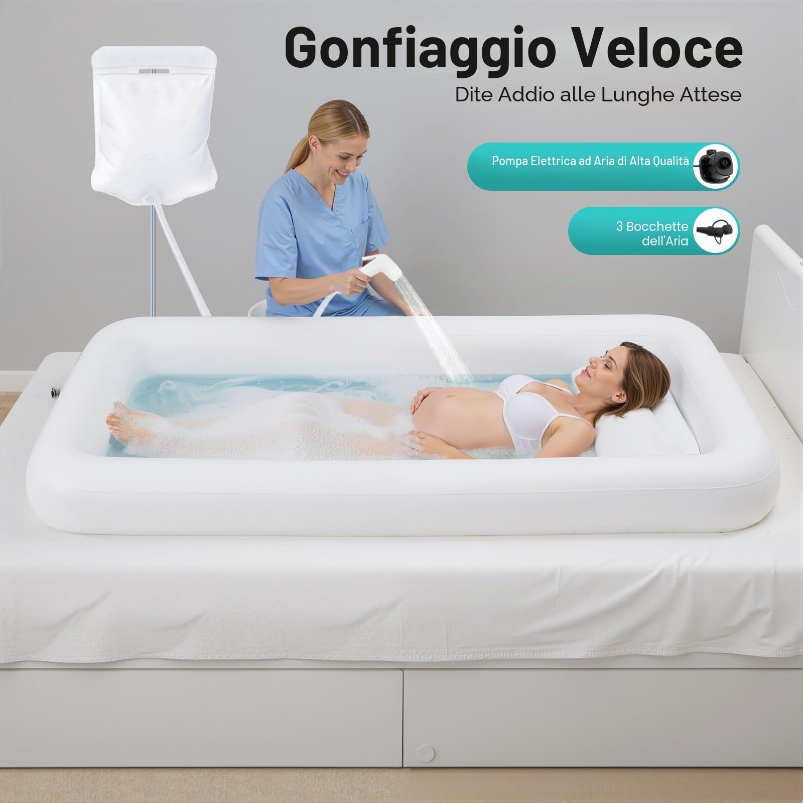 Set di vasca da doccia gonfiabile, semplice sistema doccia a letto, aiuto per il bagno a letto per disabili, anziani, allettato, vasca da bagno pieghevole con sacchetto d'acqua e pompa ad aria