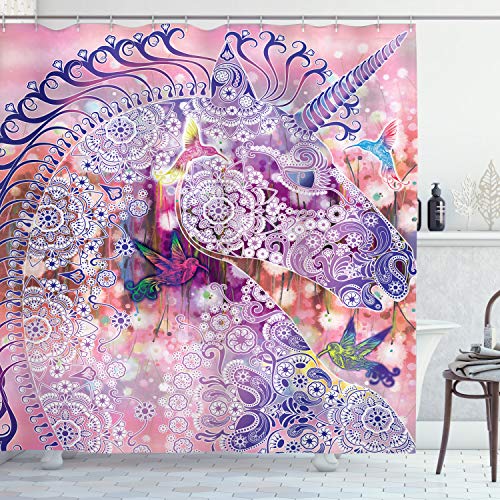 ABAKUHAUS Unicorn Shower Curtain, Fantasy Animal with Floral Ornaments and Birds on Natural Pink Background