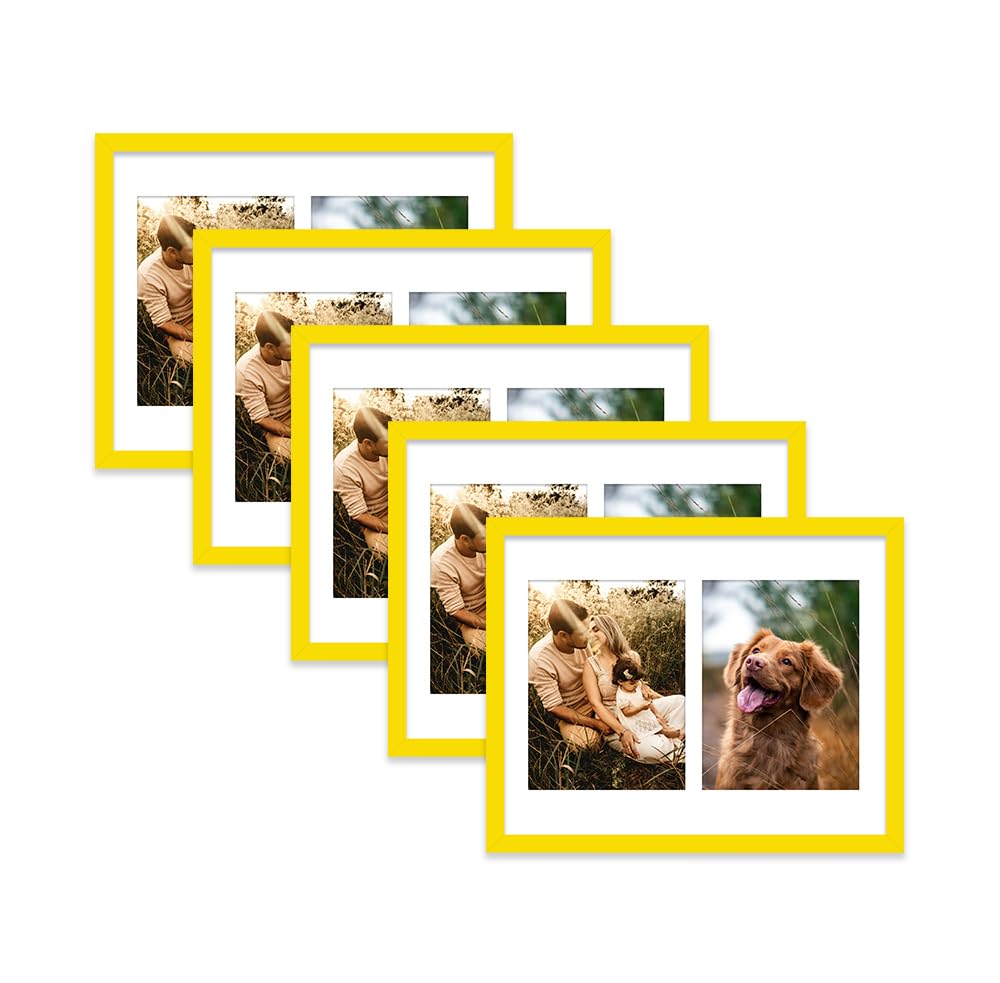 Yellow Multi Photo Frame - Holds 2 x 8x6 Pictures, Family Collage Picture Frame for Wall Display, 14x11 Frame size, Set of 5