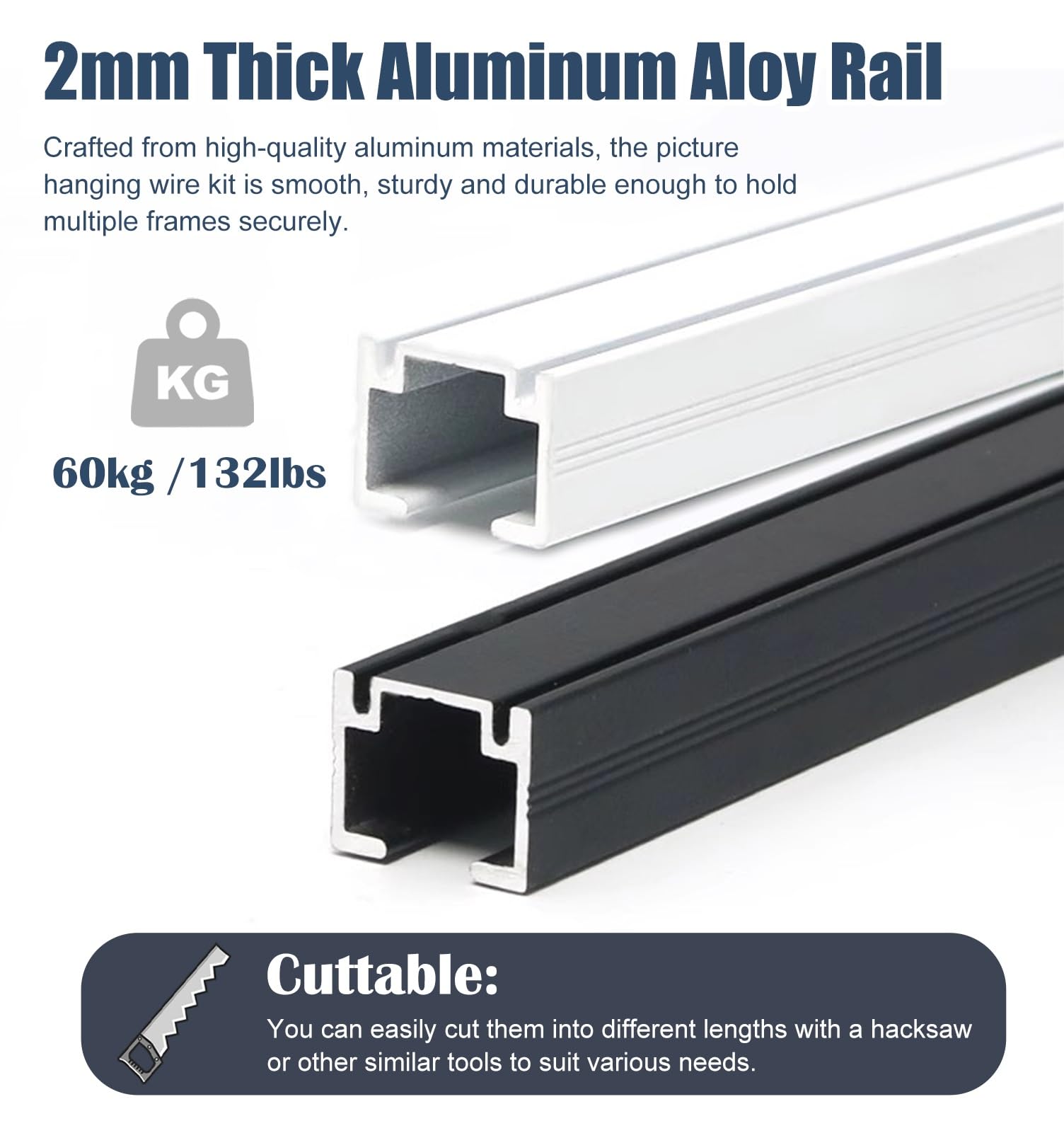 Cimaise pour Tableau Kit de Suspension Réglable pour Tableaux avec Crochets, Système Sur Rail, Matériel pour Toiles et Affiches(2.5m/8.2' Cable,64"/163cm Track)