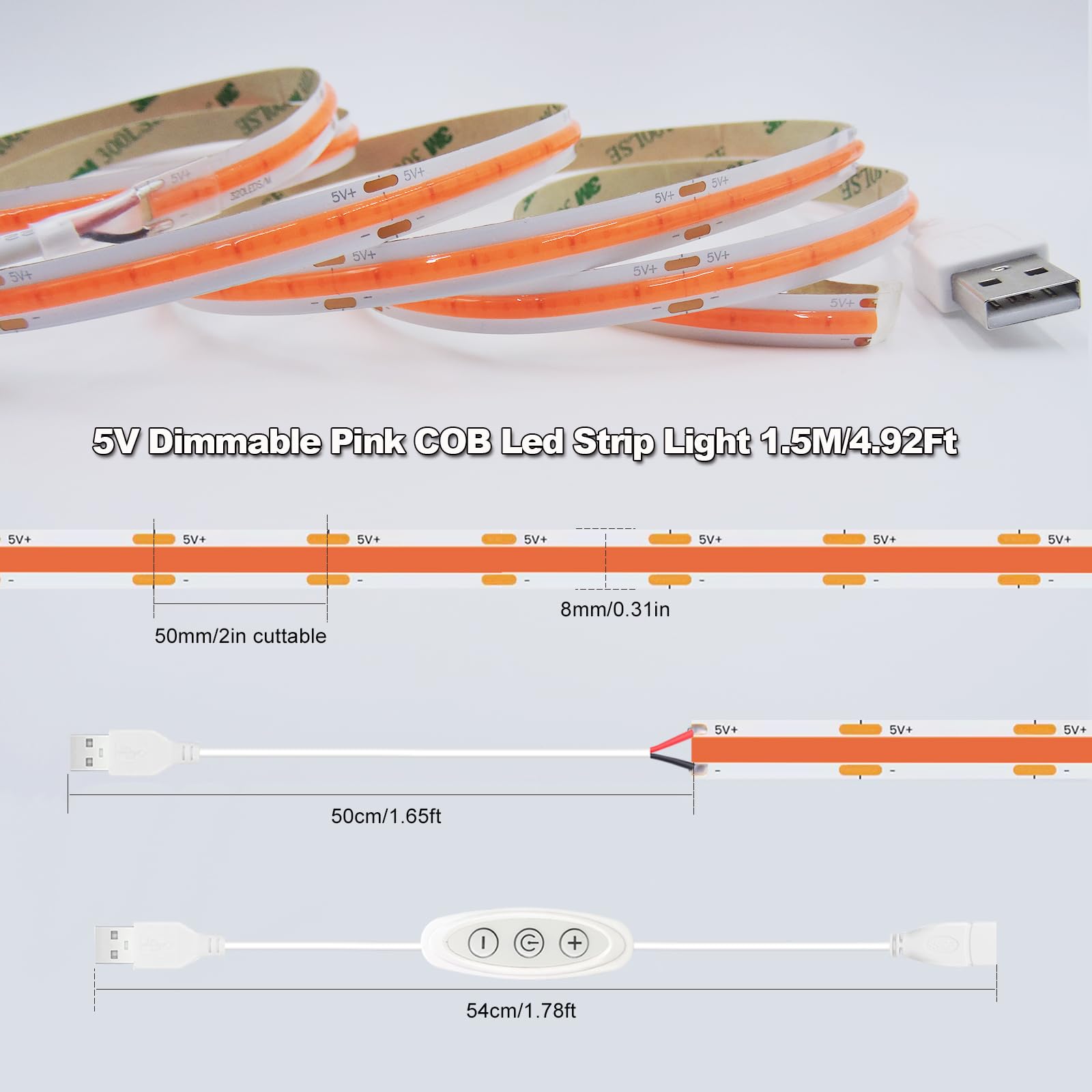 Tira LED rosa USB 5V 5m pequeña tira de luz COB regulable con regulador de intensidad USB para dormitorio, configuración de juegos, manualidades, retroiluminación