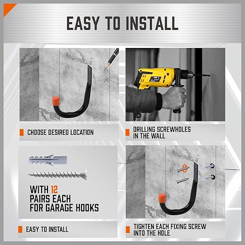 Miniatura 6 de HORUSDY Paquete de 6 ganchos de pared de metal resistentes, ganchos grandes de almacenamiento y organización de garaje para herramientas, cables